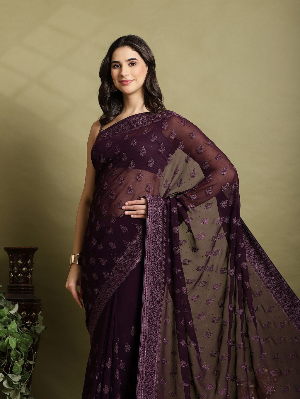 Purple Embroidered Georgette Saree