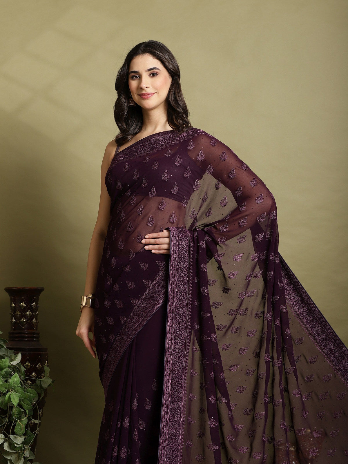 Purple Embroidered Georgette Saree