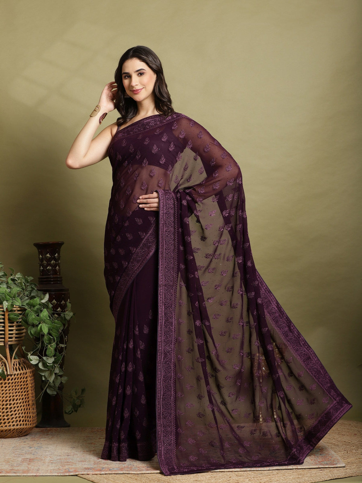 Purple Embroidered Georgette Saree