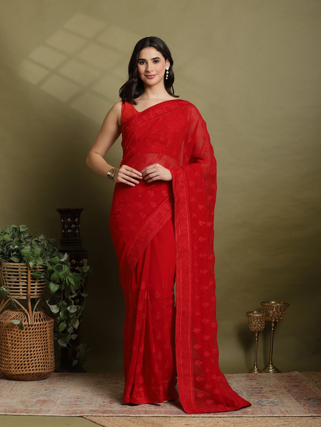 Red Embroidered Georgette Saree