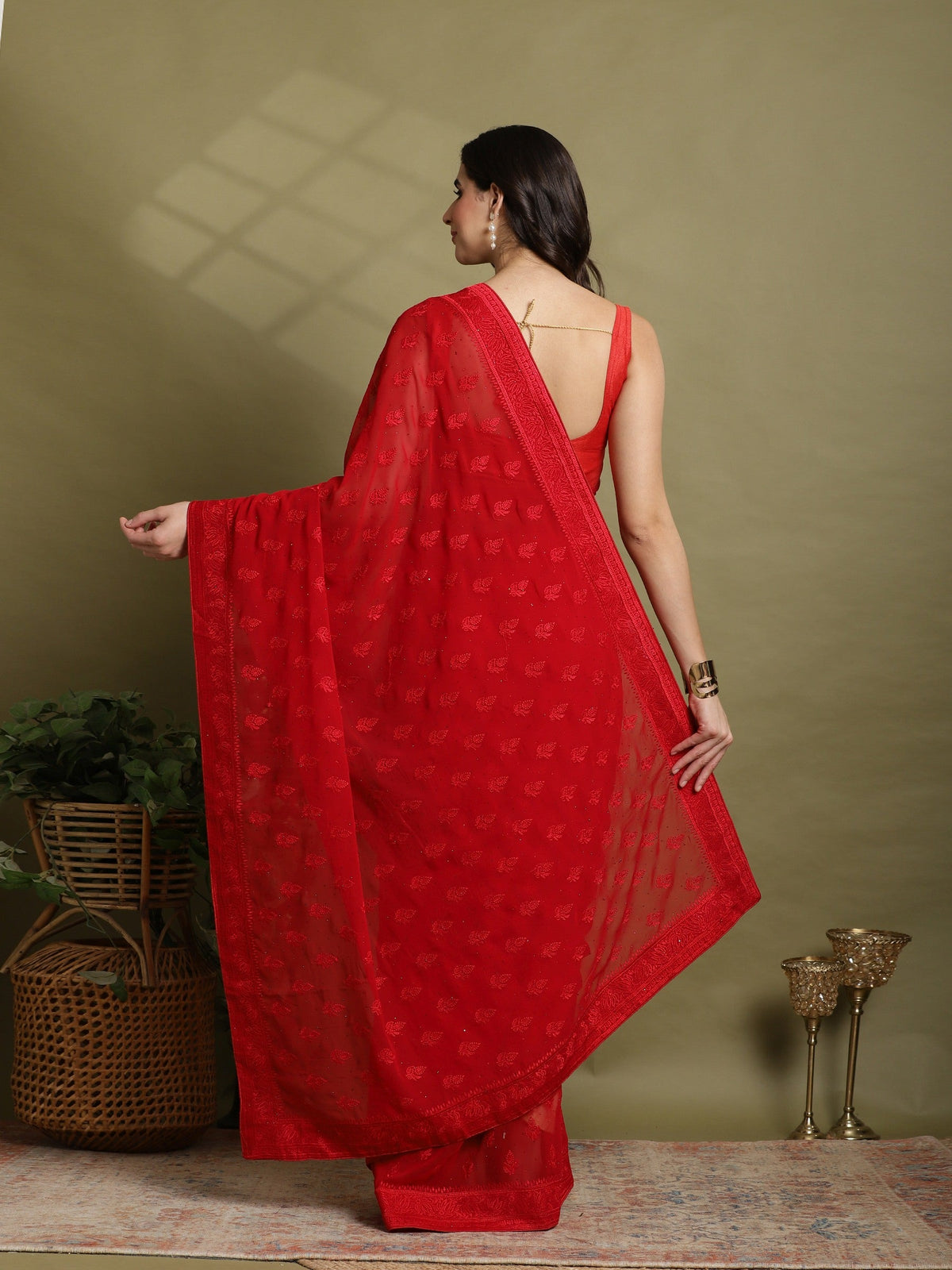 Red Embroidered Georgette Saree
