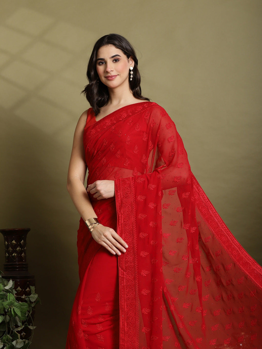 Red Embroidered Georgette Saree