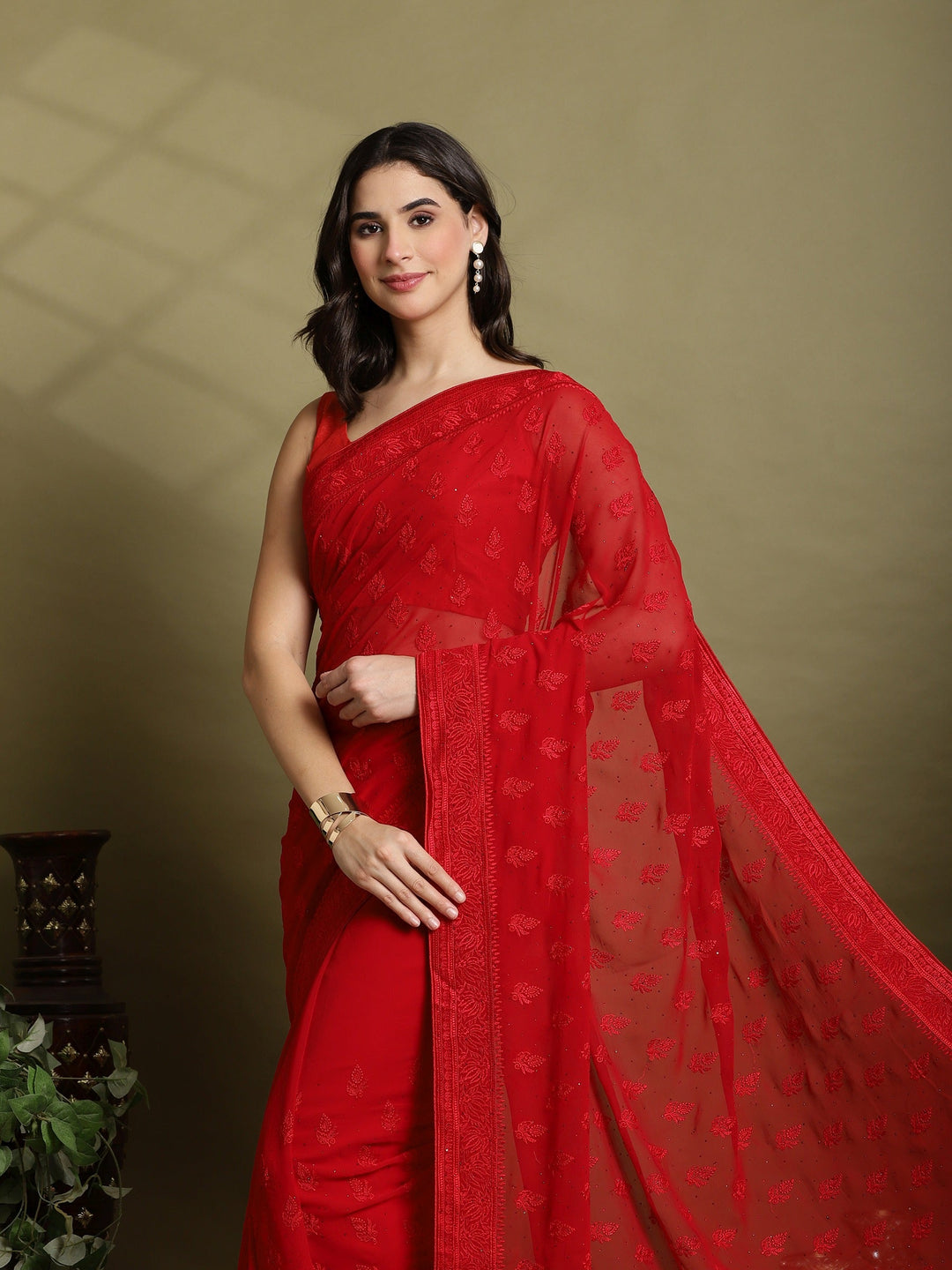 Red Embroidered Georgette Saree