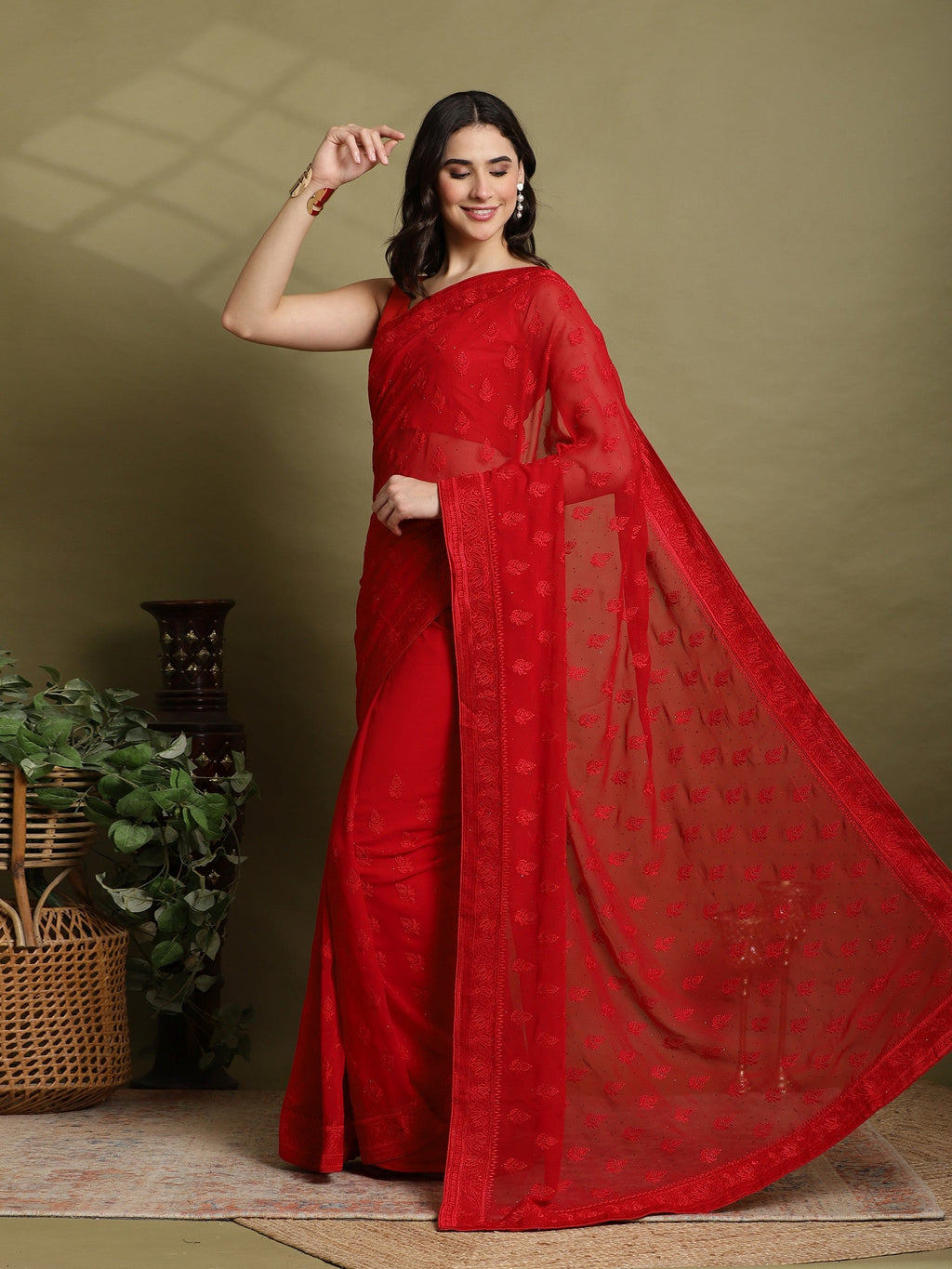 Red Embroidered Georgette Saree
