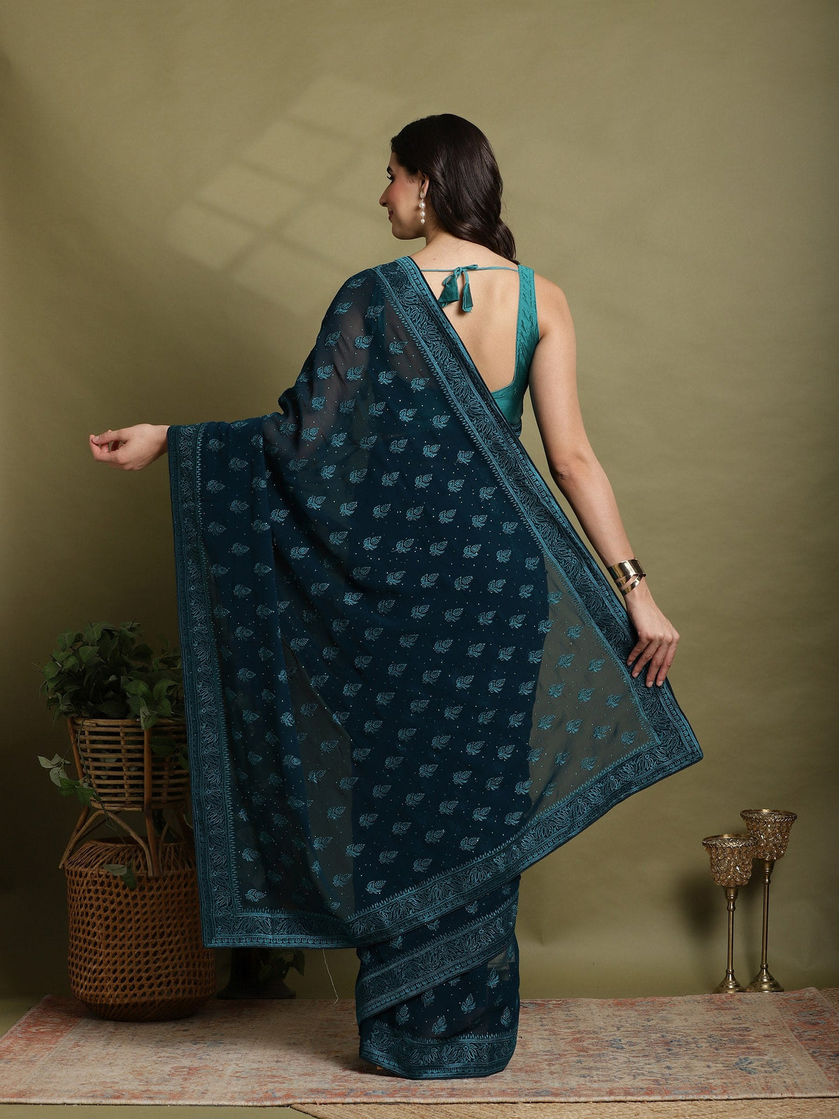 Teal Blue Embroidered Georgette Saree