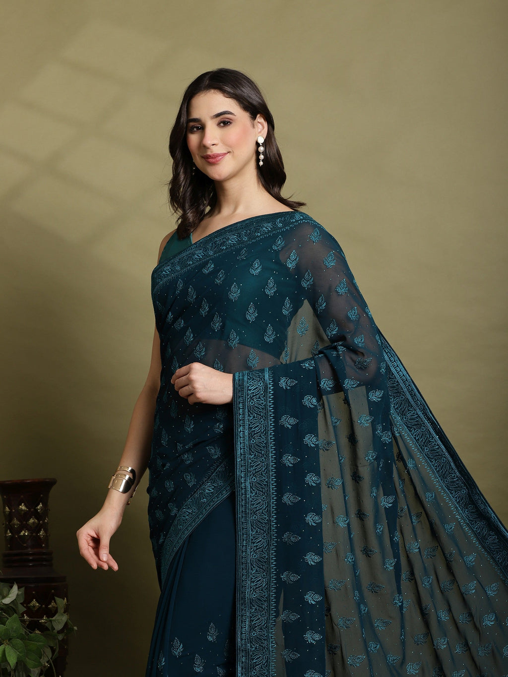 Teal Blue Embroidered Georgette Saree