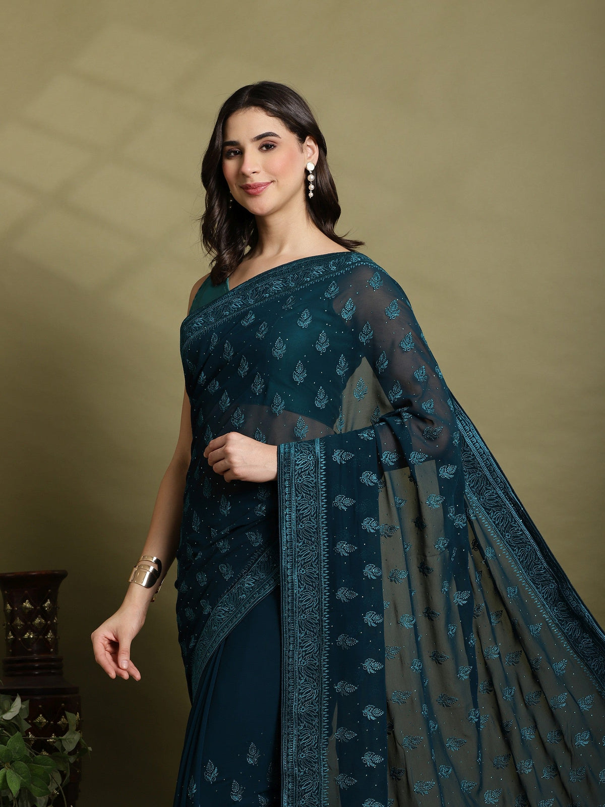Teal Blue Embroidered Georgette Saree