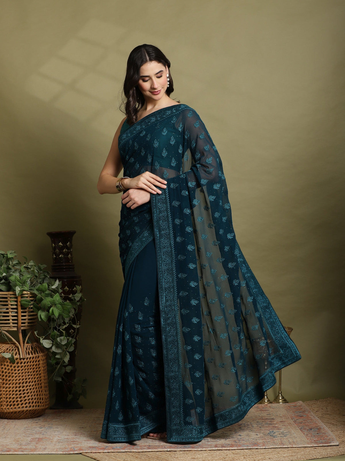 Teal Blue Embroidered Georgette Saree
