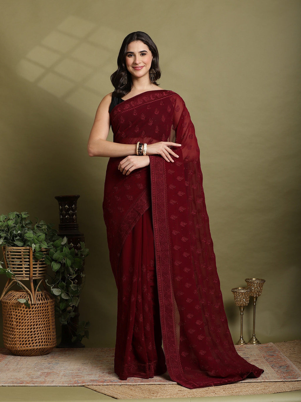 Wine Embroidered Georgette Saree