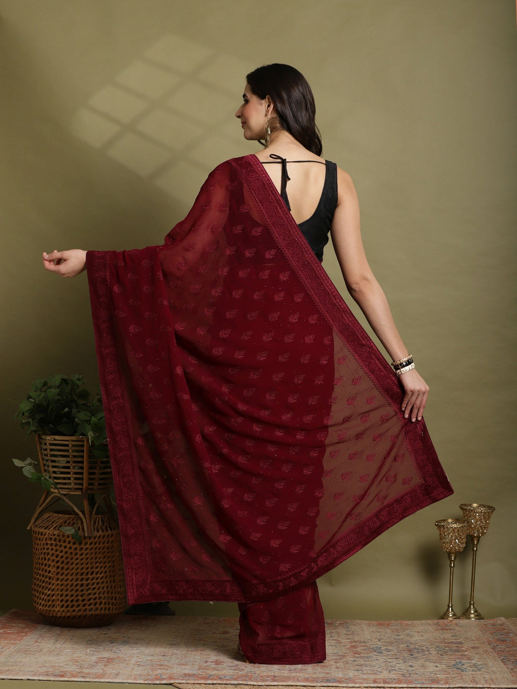 Wine Embroidered Georgette Saree