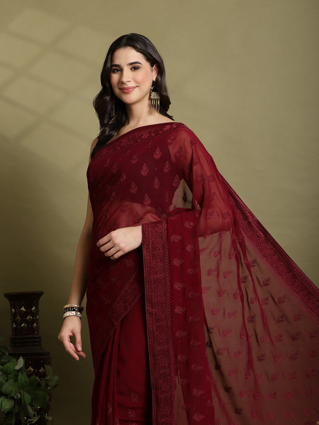 Wine Embroidered Georgette Saree