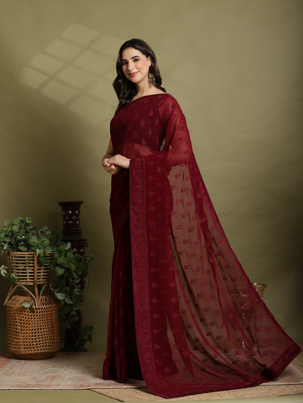 Wine Embroidered Georgette Saree