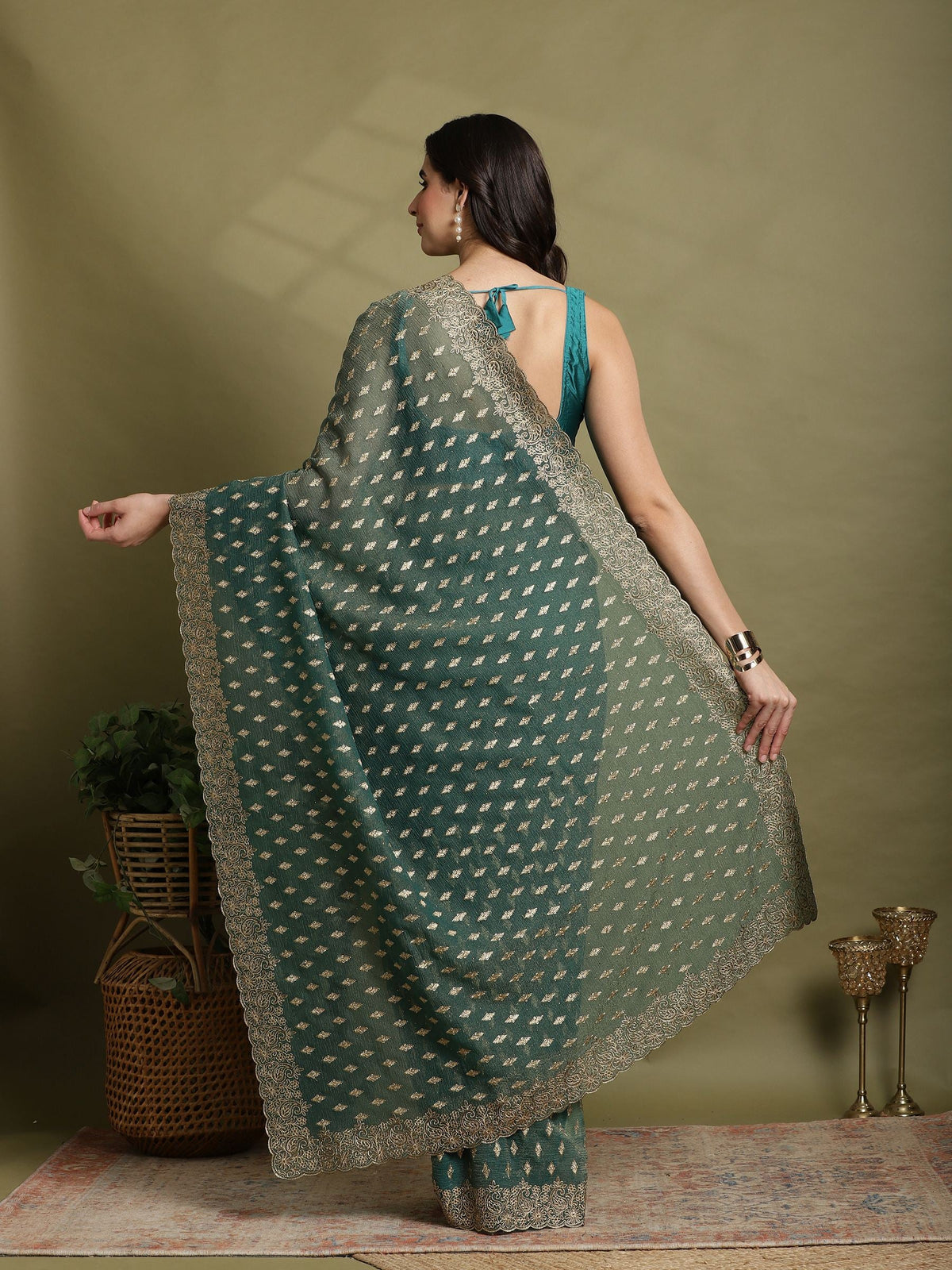 Green Embroidered Organza Saree