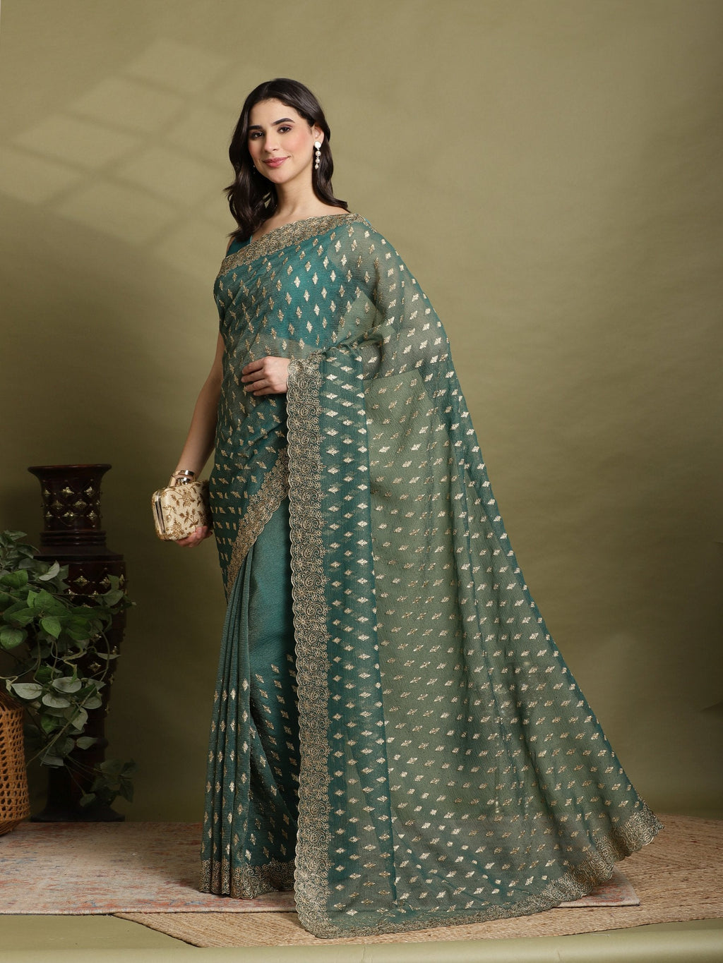 Green Embroidered Organza Saree
