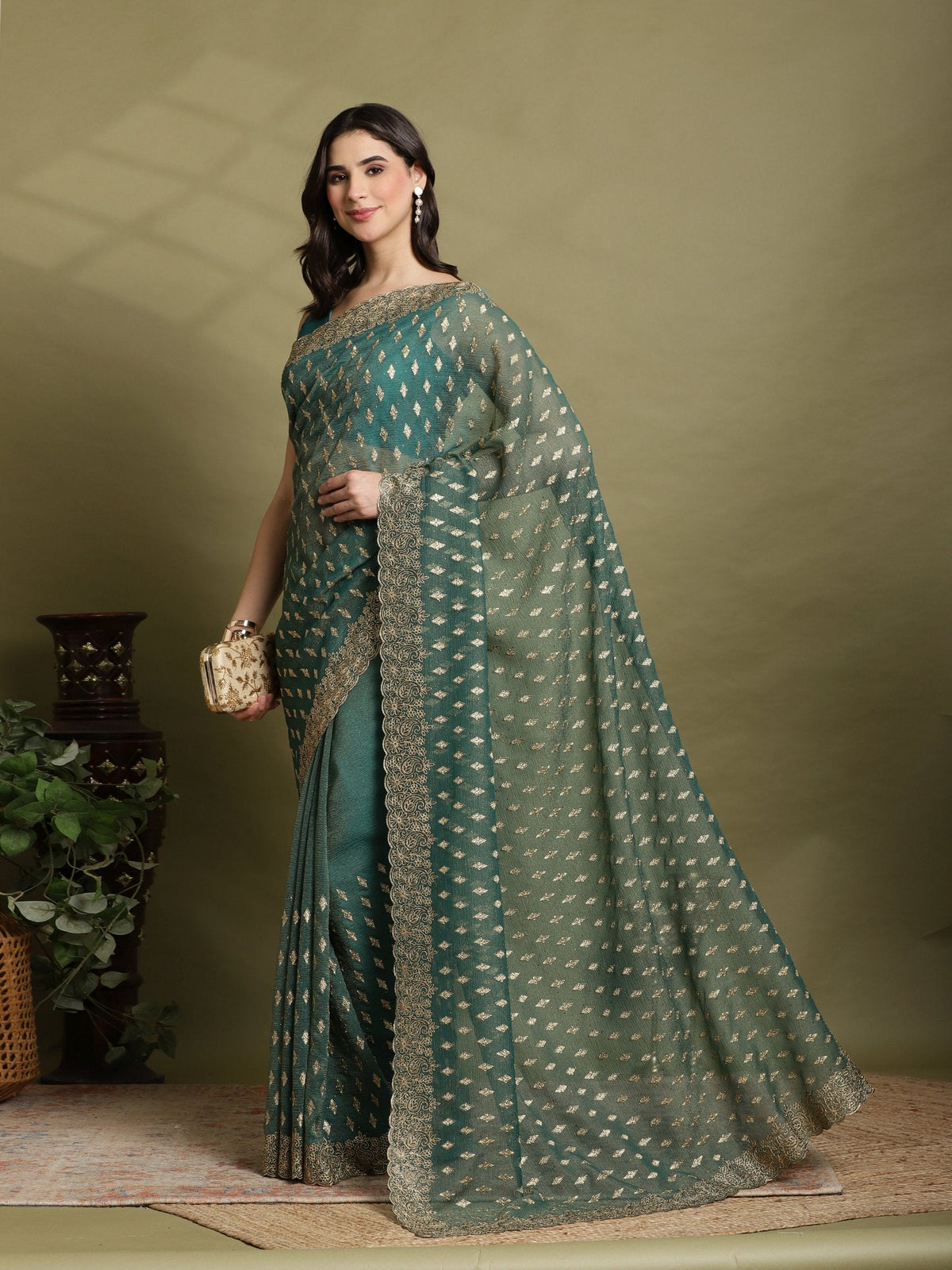 Green Embroidered Organza Saree