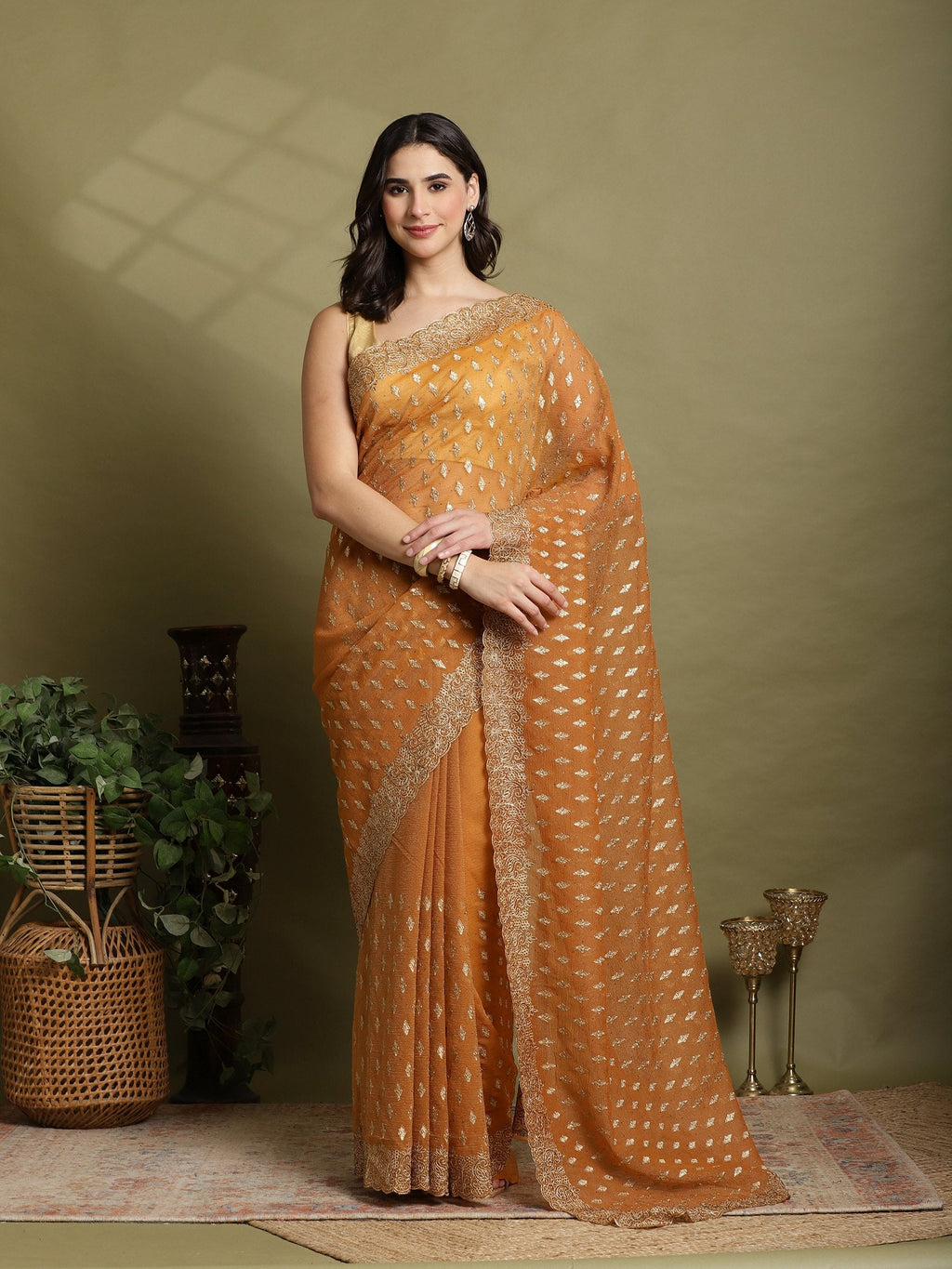 Mustard Embroidered Organza Saree