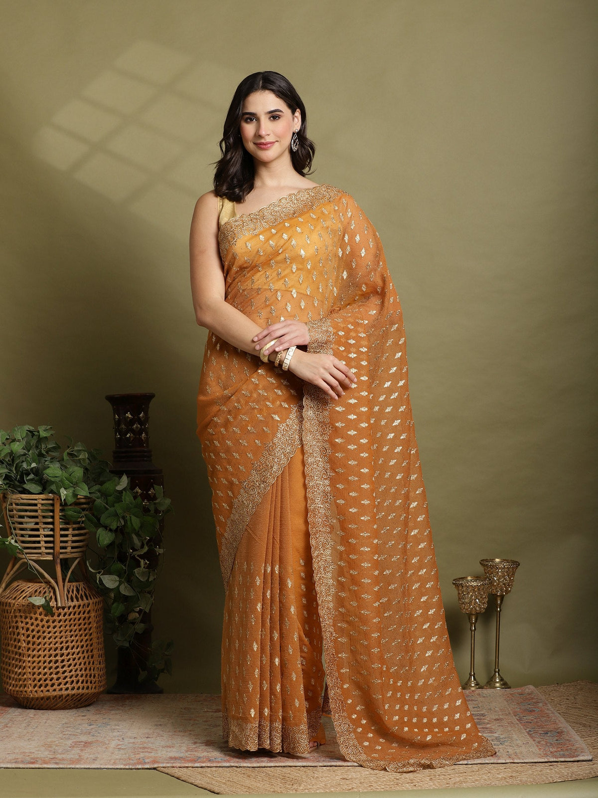 Mustard Embroidered Organza Saree
