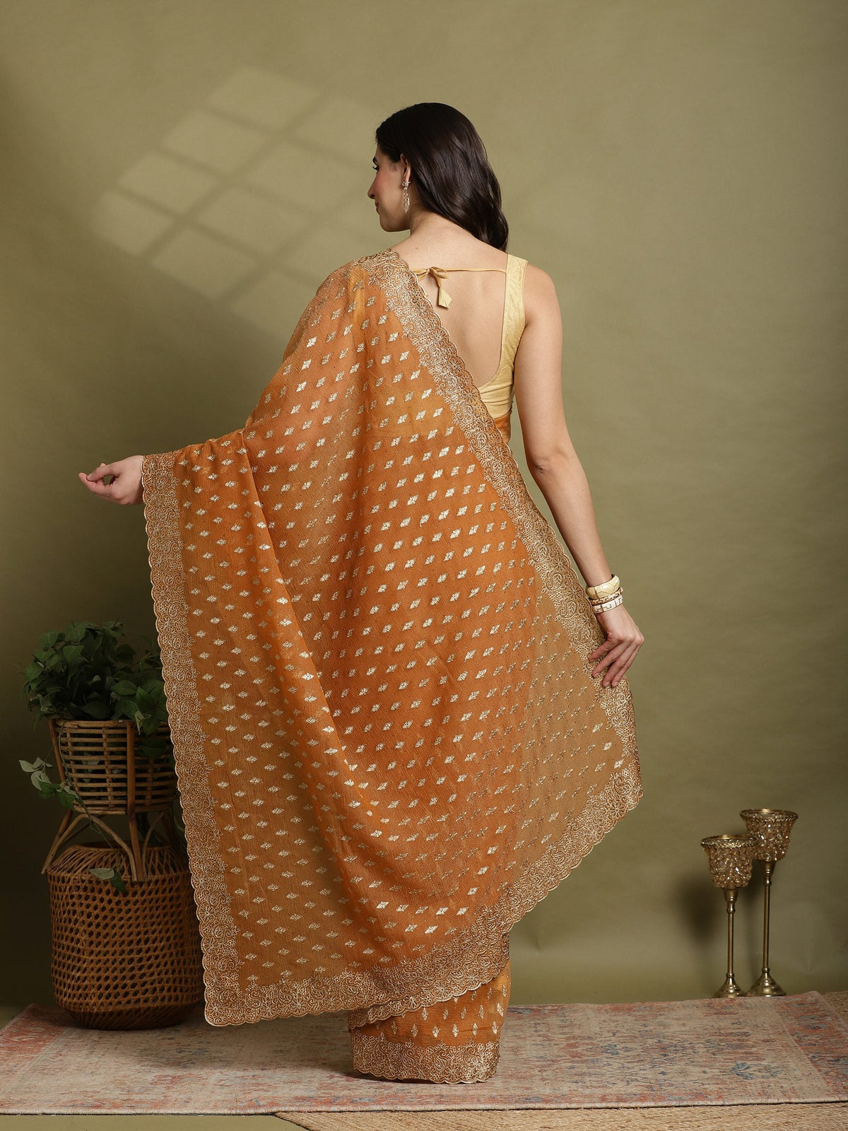 Mustard Embroidered Organza Saree