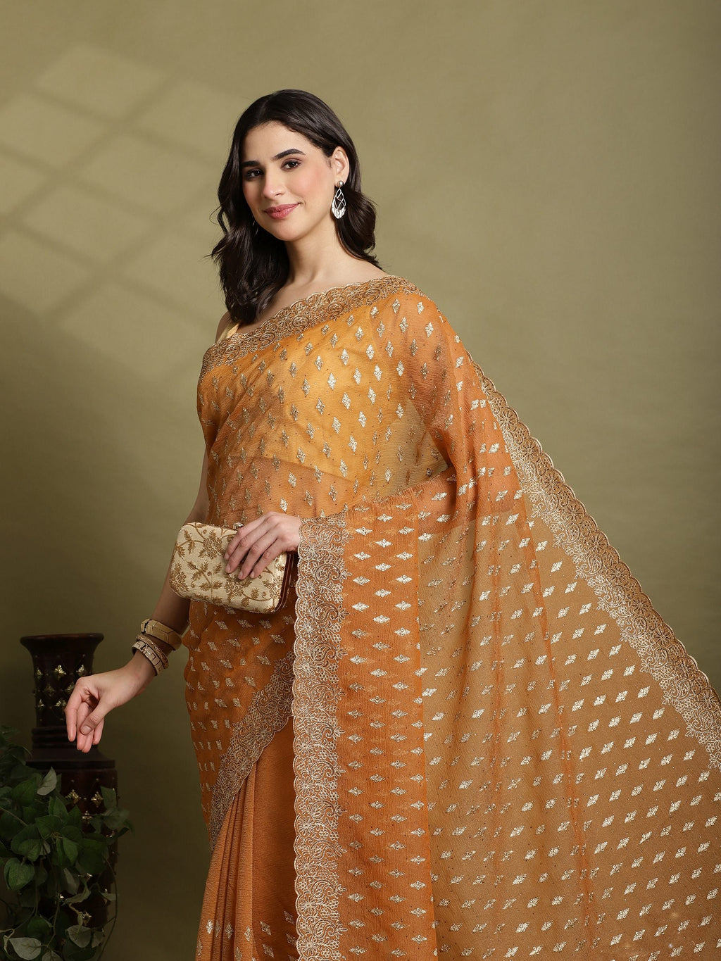 Mustard Embroidered Organza Saree