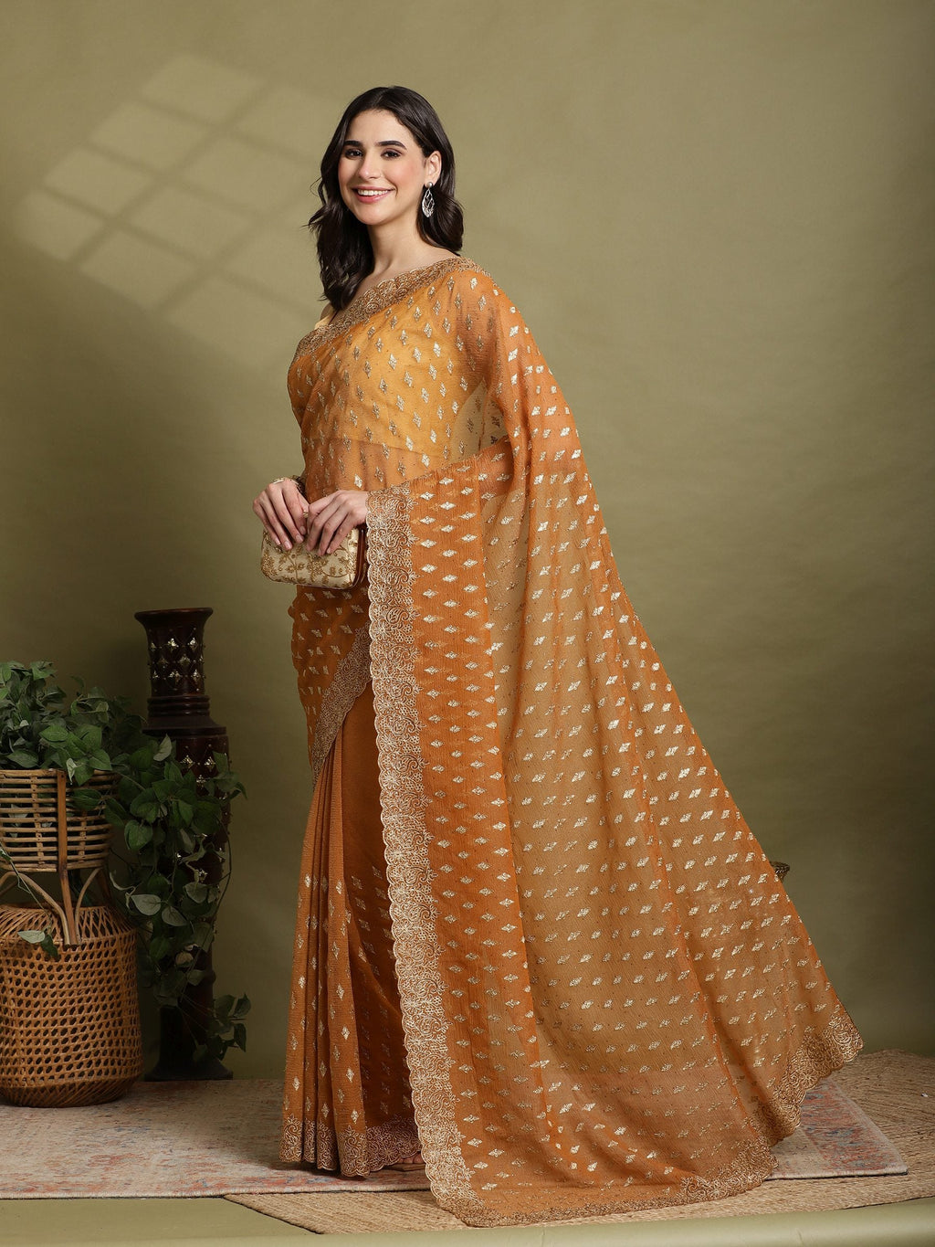 Mustard Embroidered Organza Saree