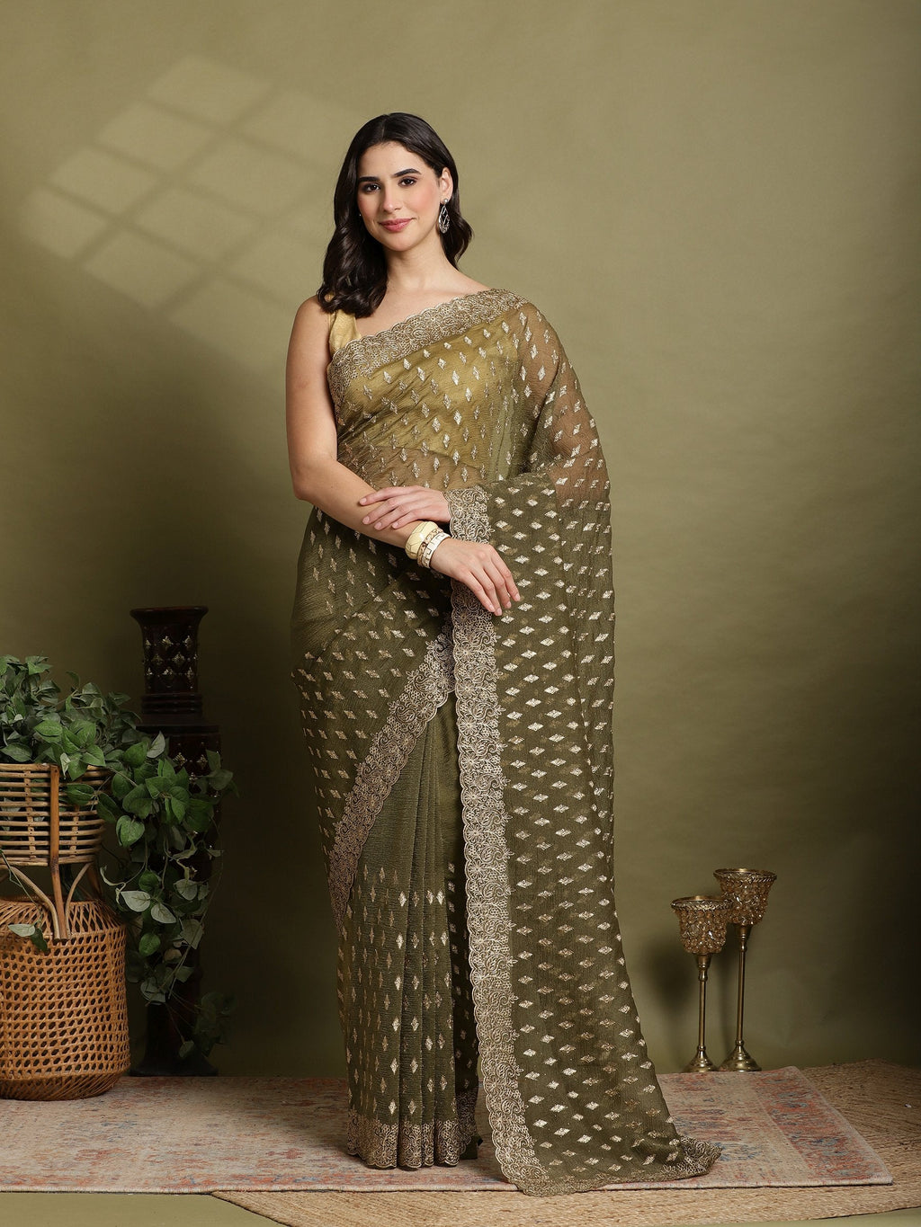 Olive Green Embroidered Organza Saree