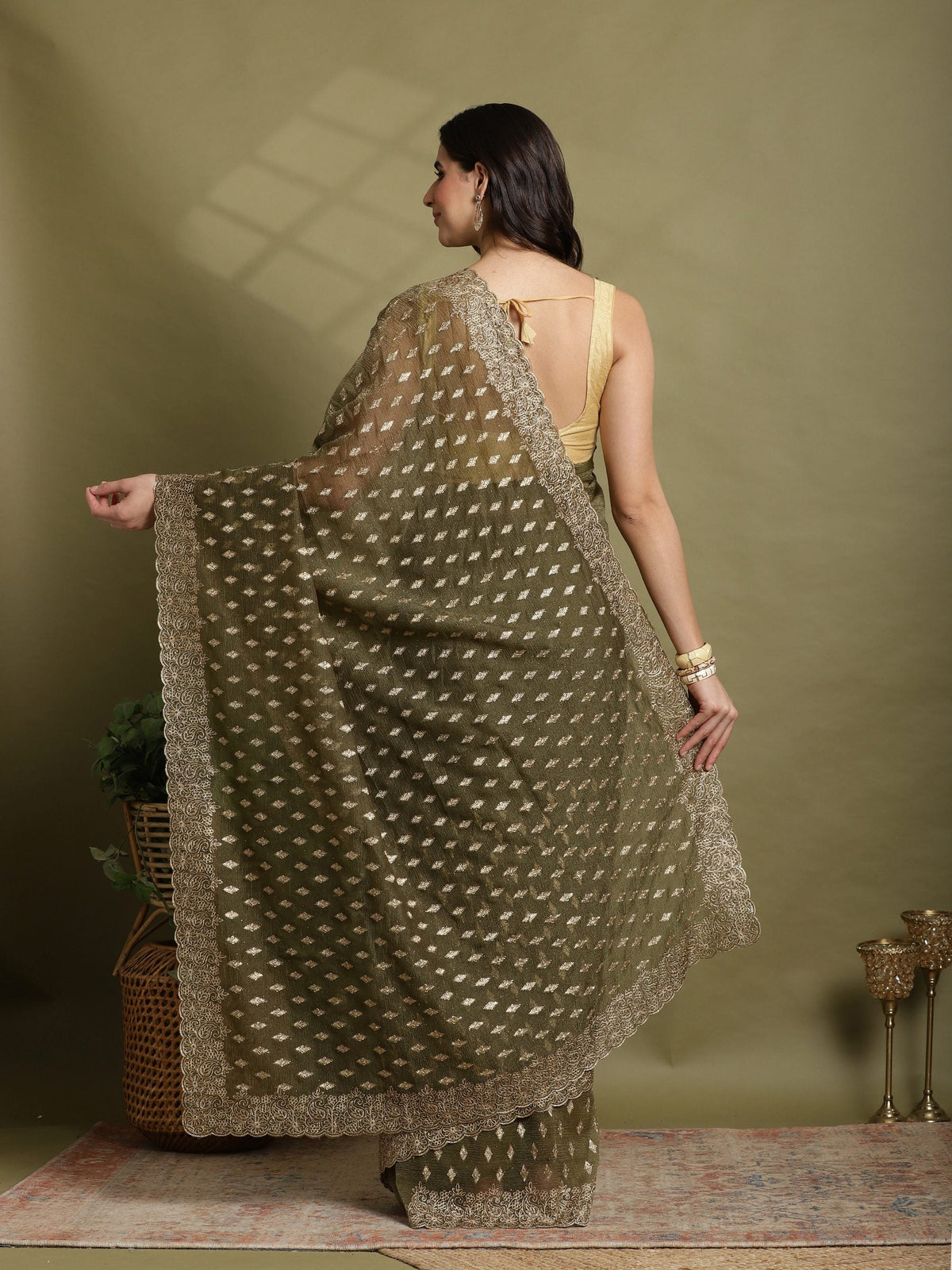 Olive Green Embroidered Organza Saree