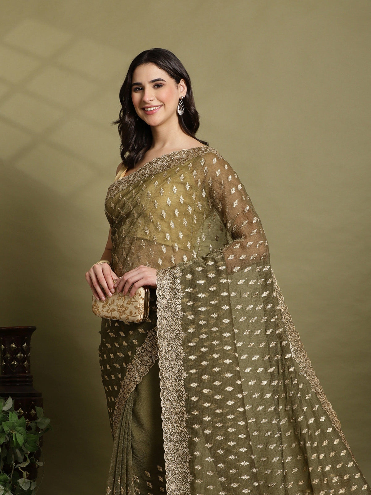 Olive Green Embroidered Organza Saree