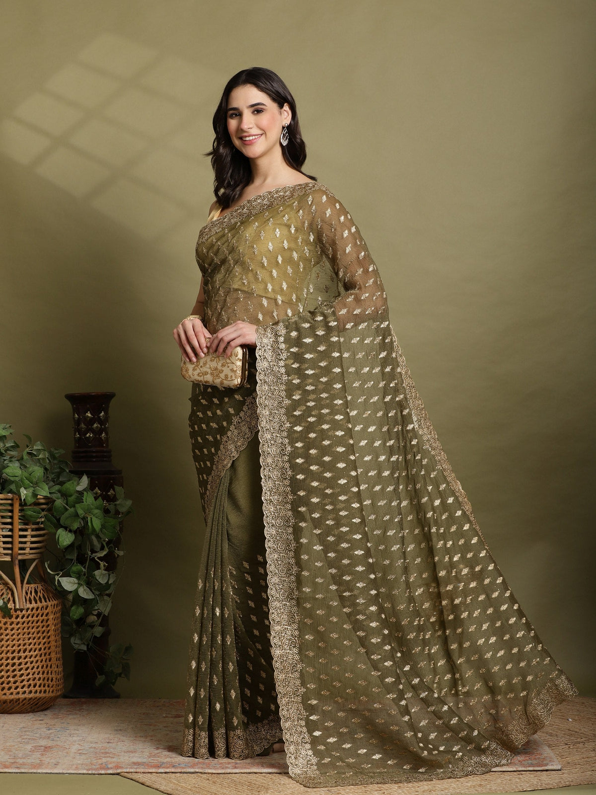 Olive Green Embroidered Organza Saree