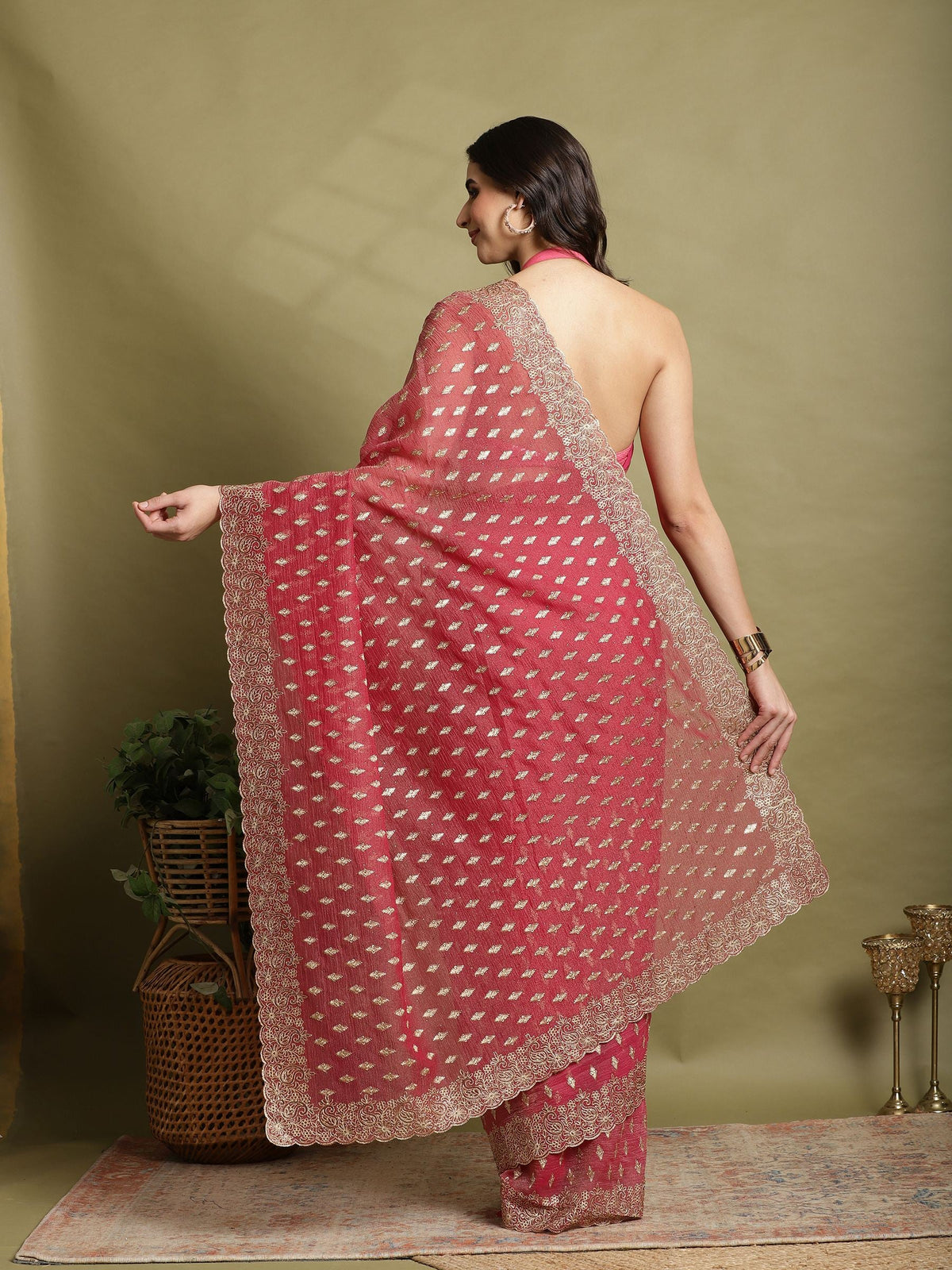 Onion Pink Embroidered Organza Saree
