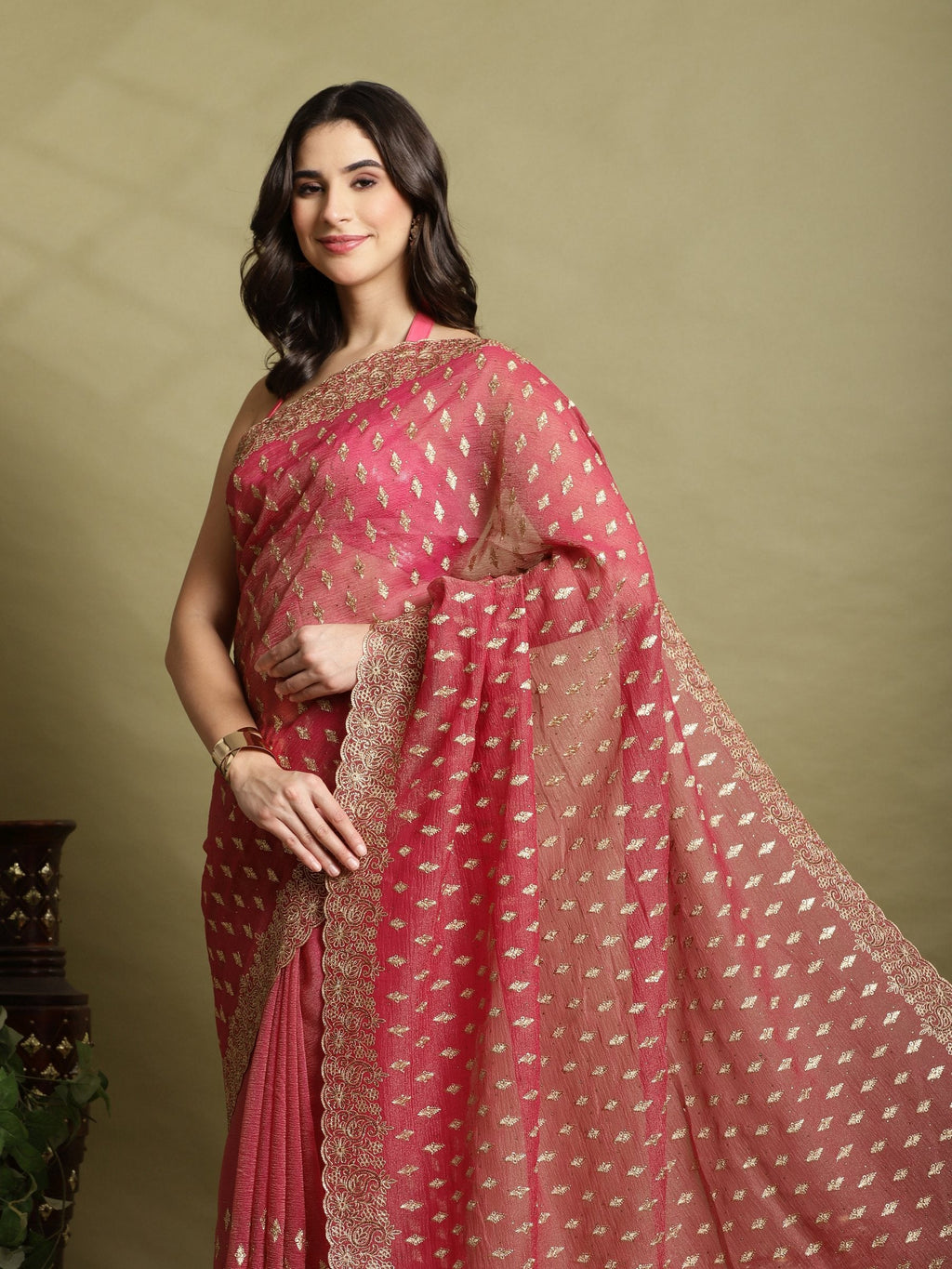 Onion Pink Embroidered Organza Saree