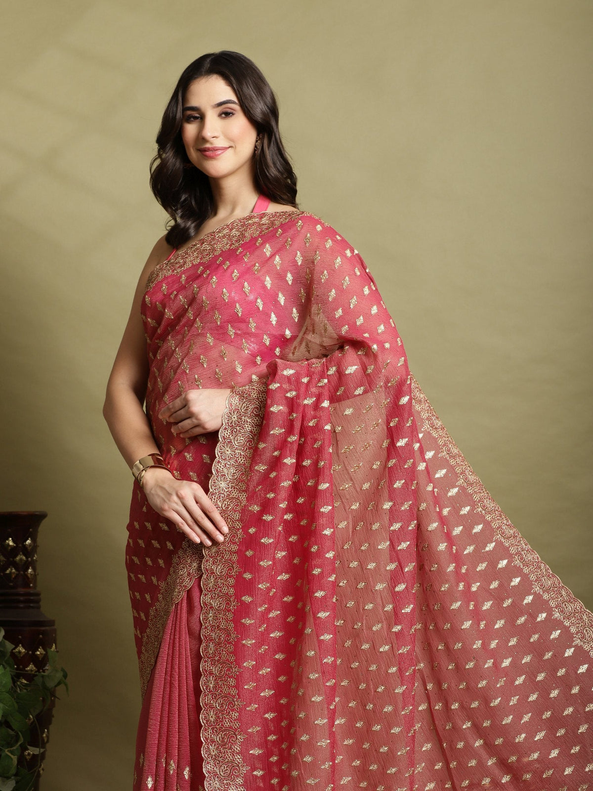 Onion Pink Embroidered Organza Saree