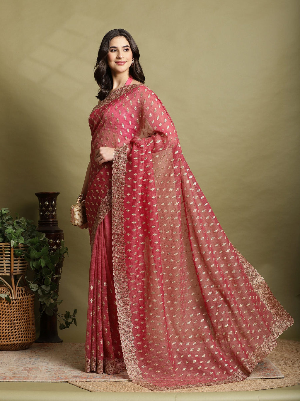 Onion Pink Embroidered Organza Saree