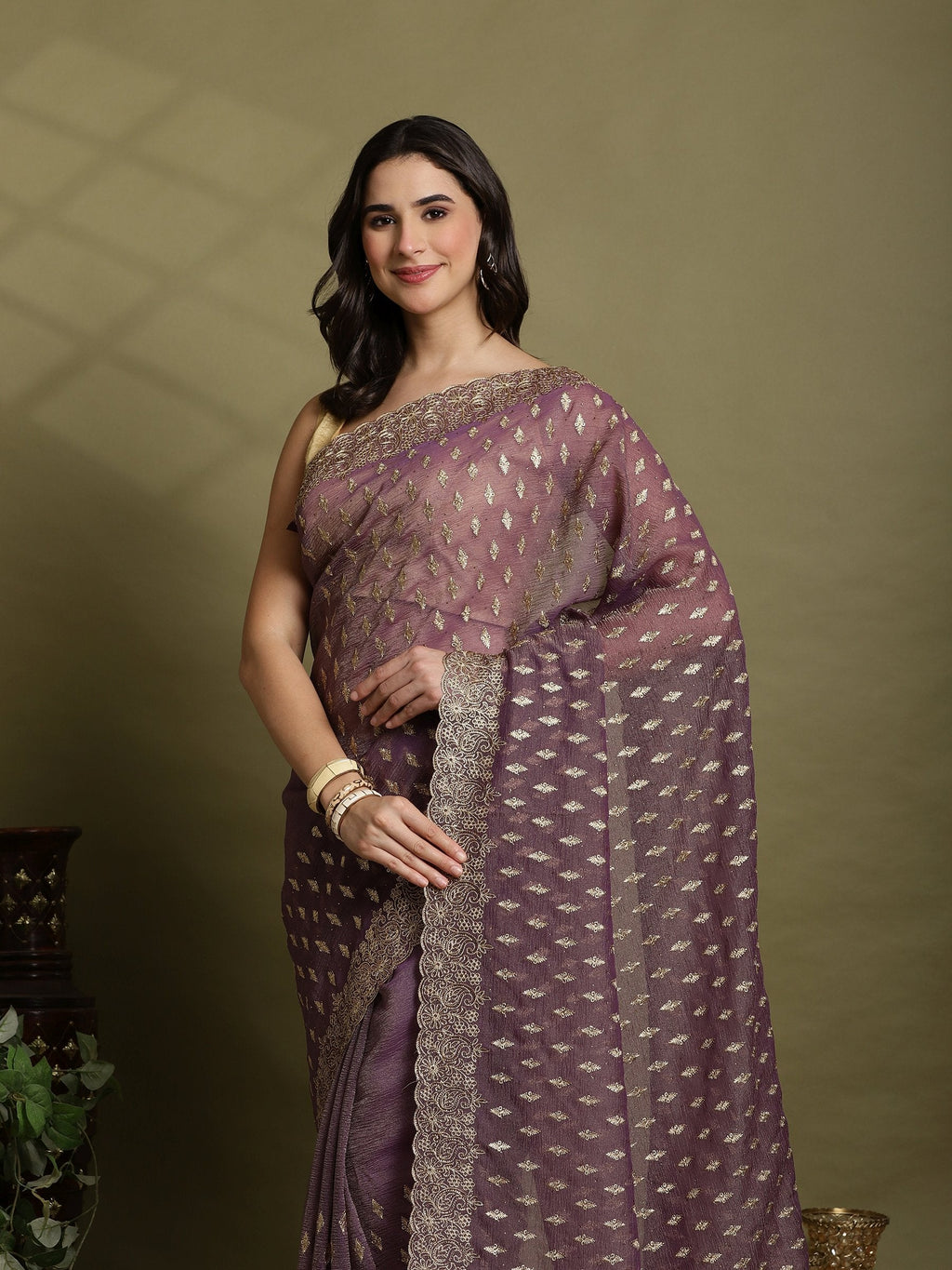 Purple Embroidered Organza Saree
