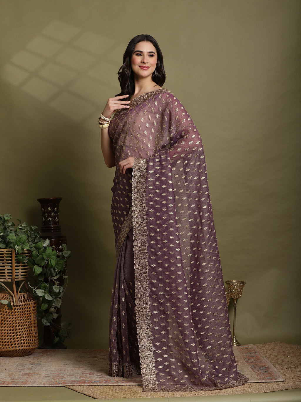 Purple Embroidered Organza Saree