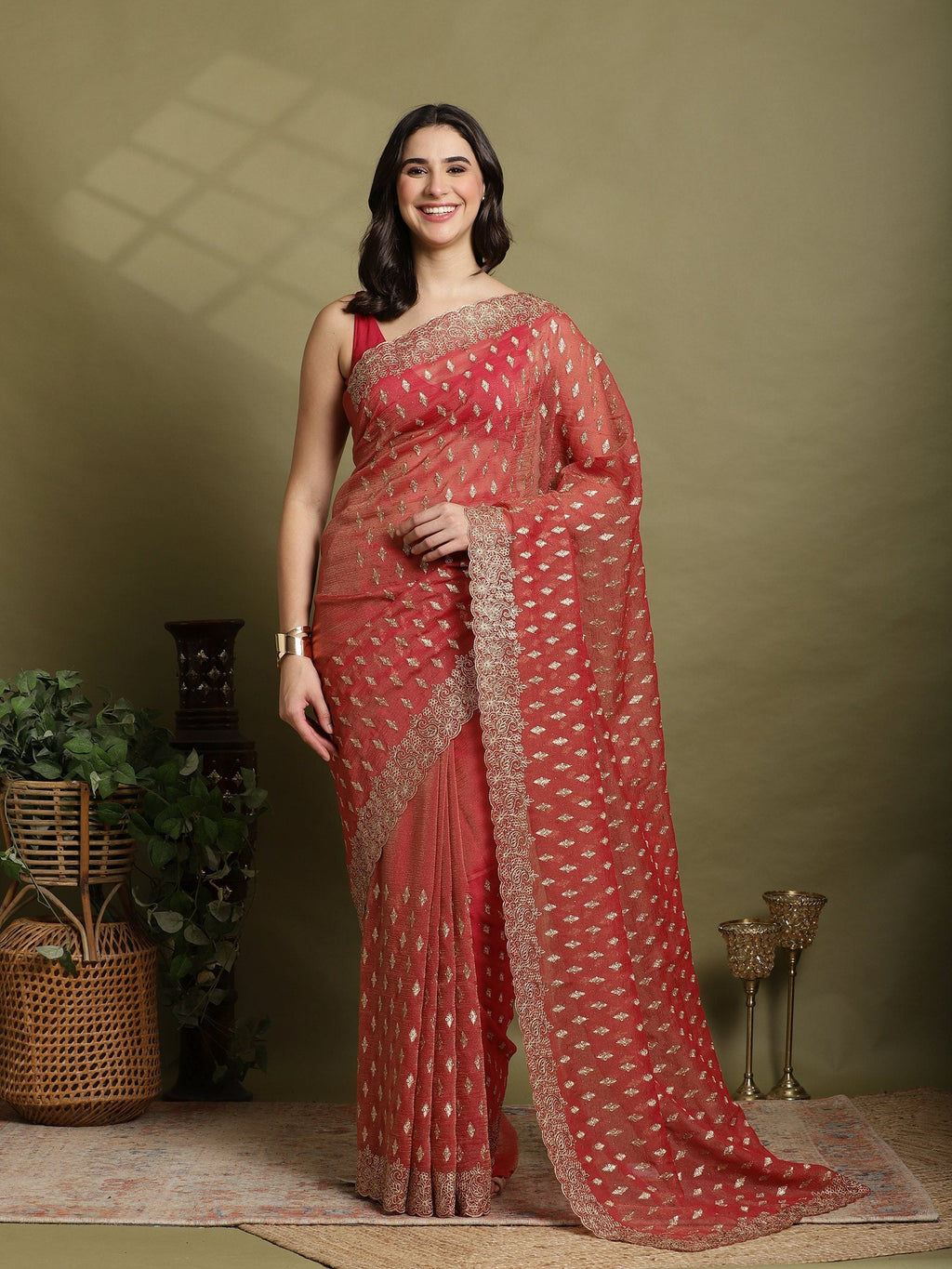 Rust Embroidered Organza Saree
