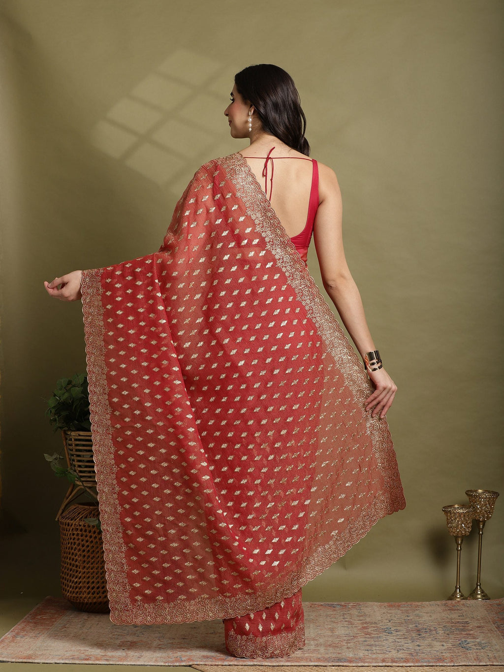 Rust Embroidered Organza Saree