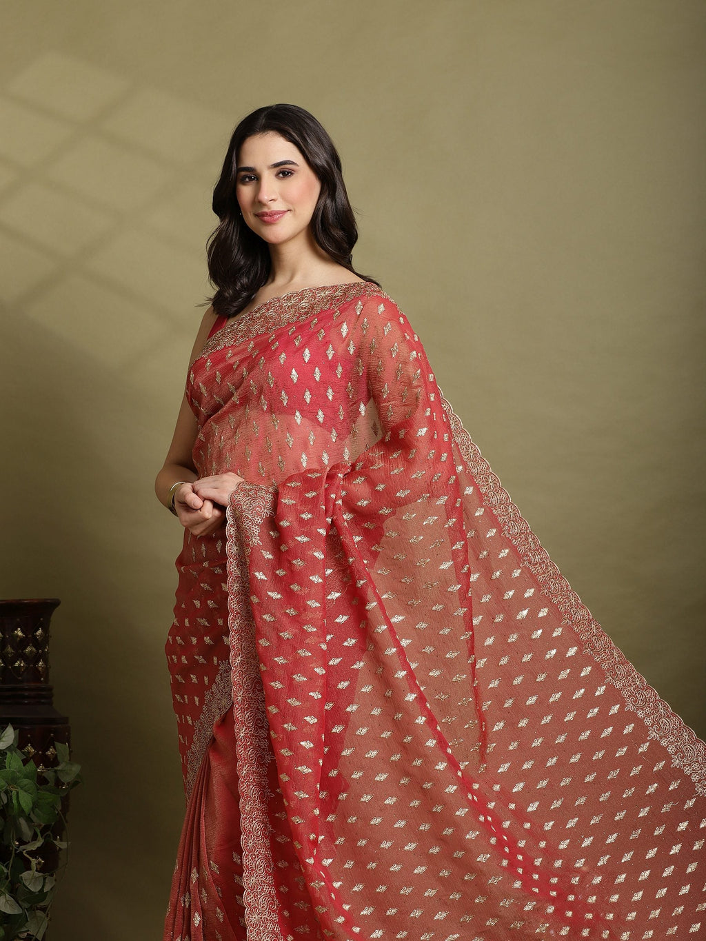 Rust Embroidered Organza Saree
