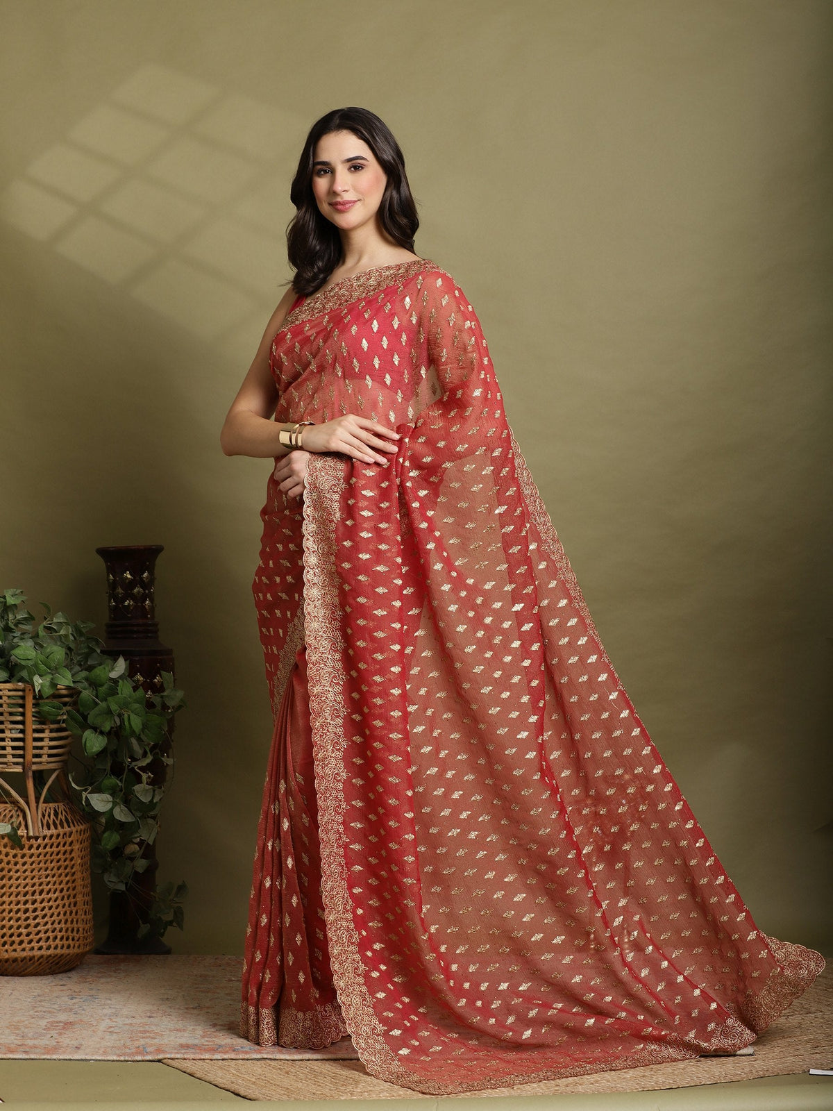 Rust Embroidered Organza Saree