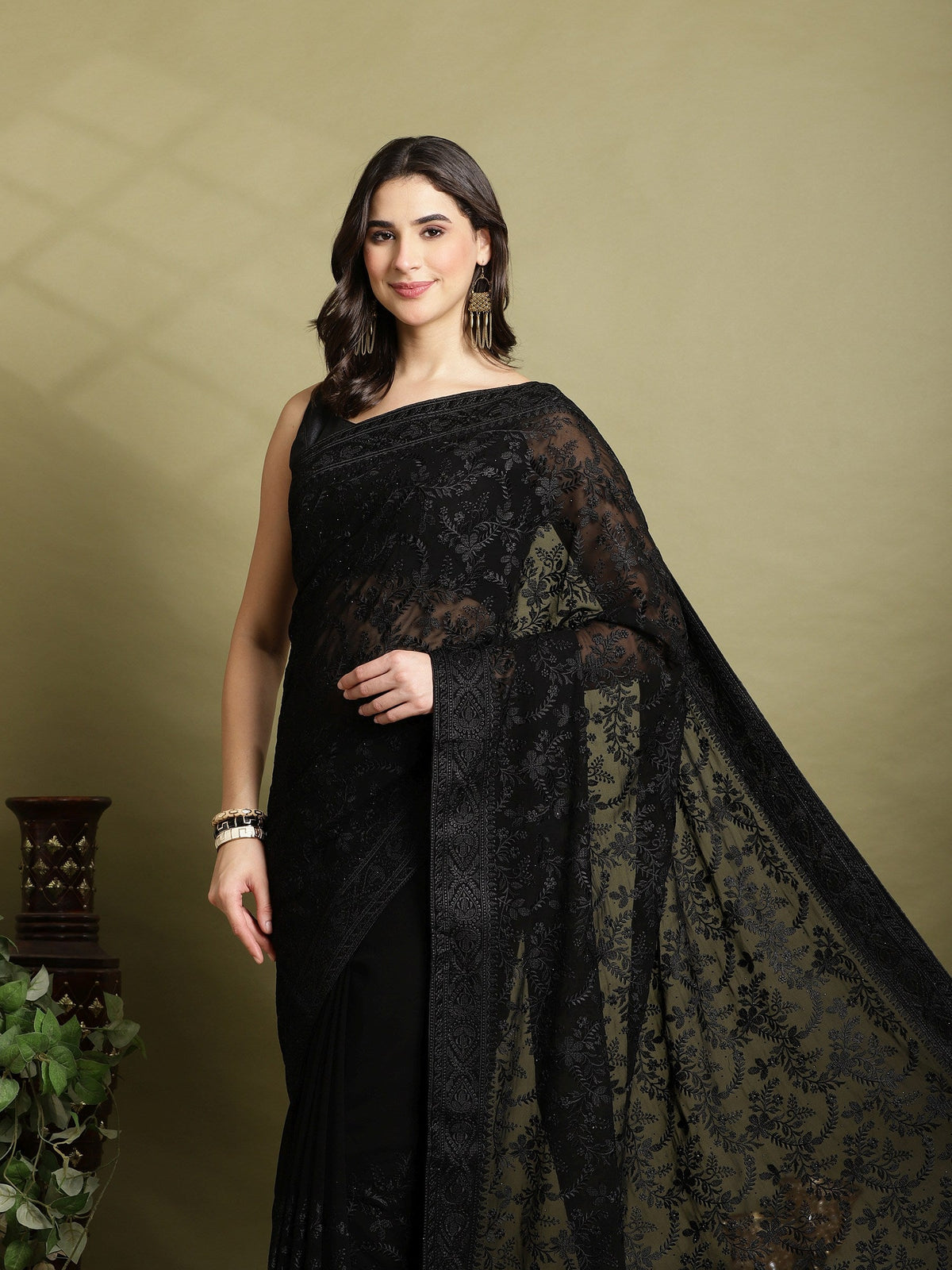 Black Embroidered Georgette Saree