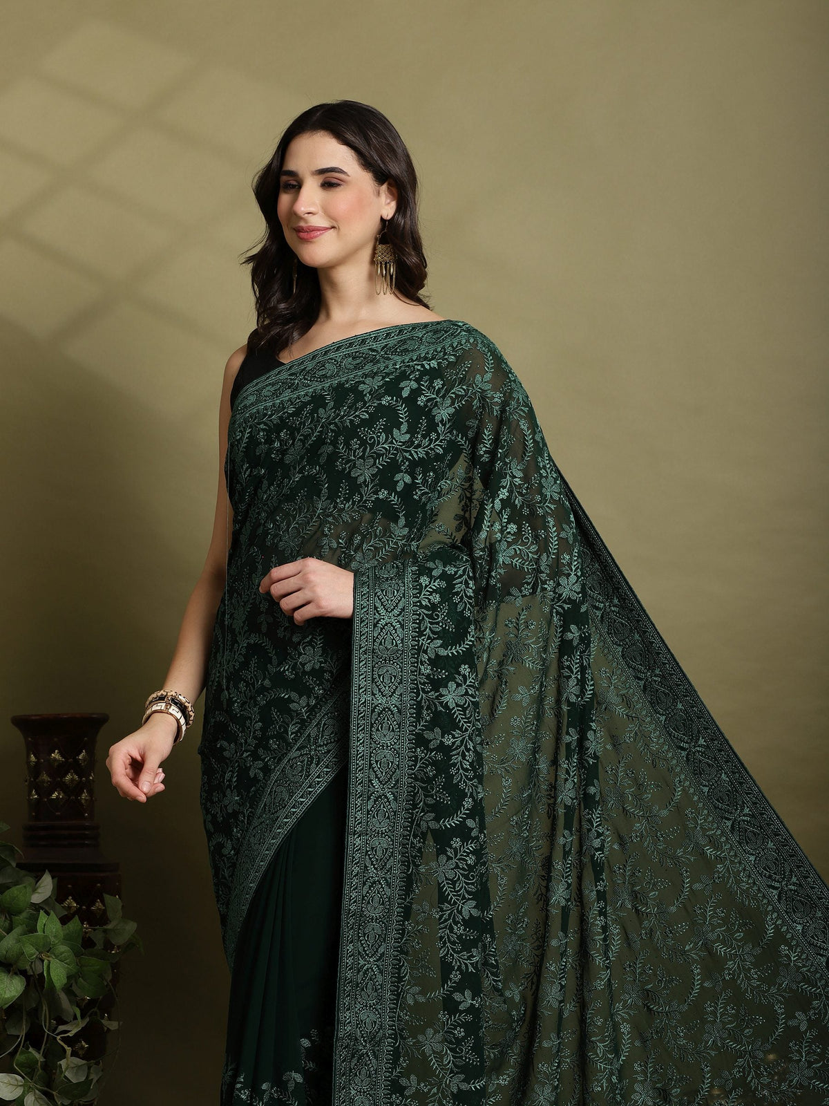 Green Embroidered Georgette Saree