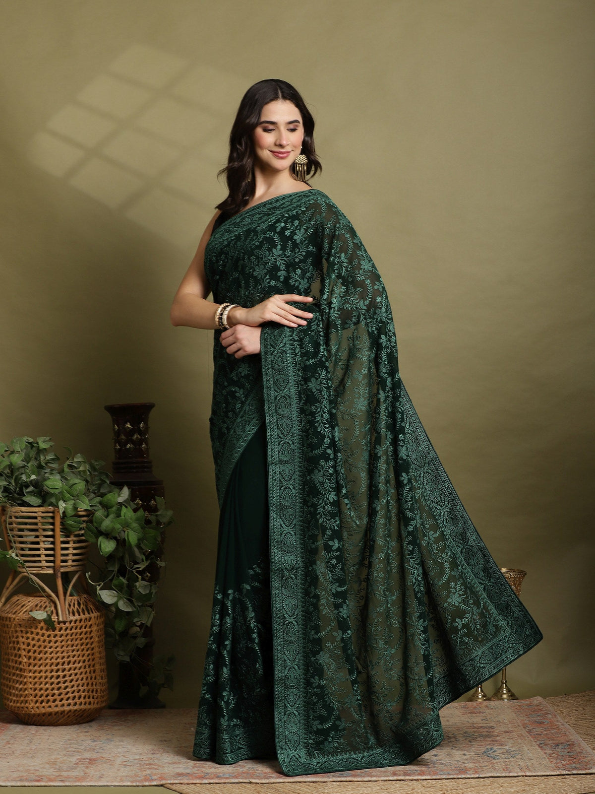 Green Embroidered Georgette Saree