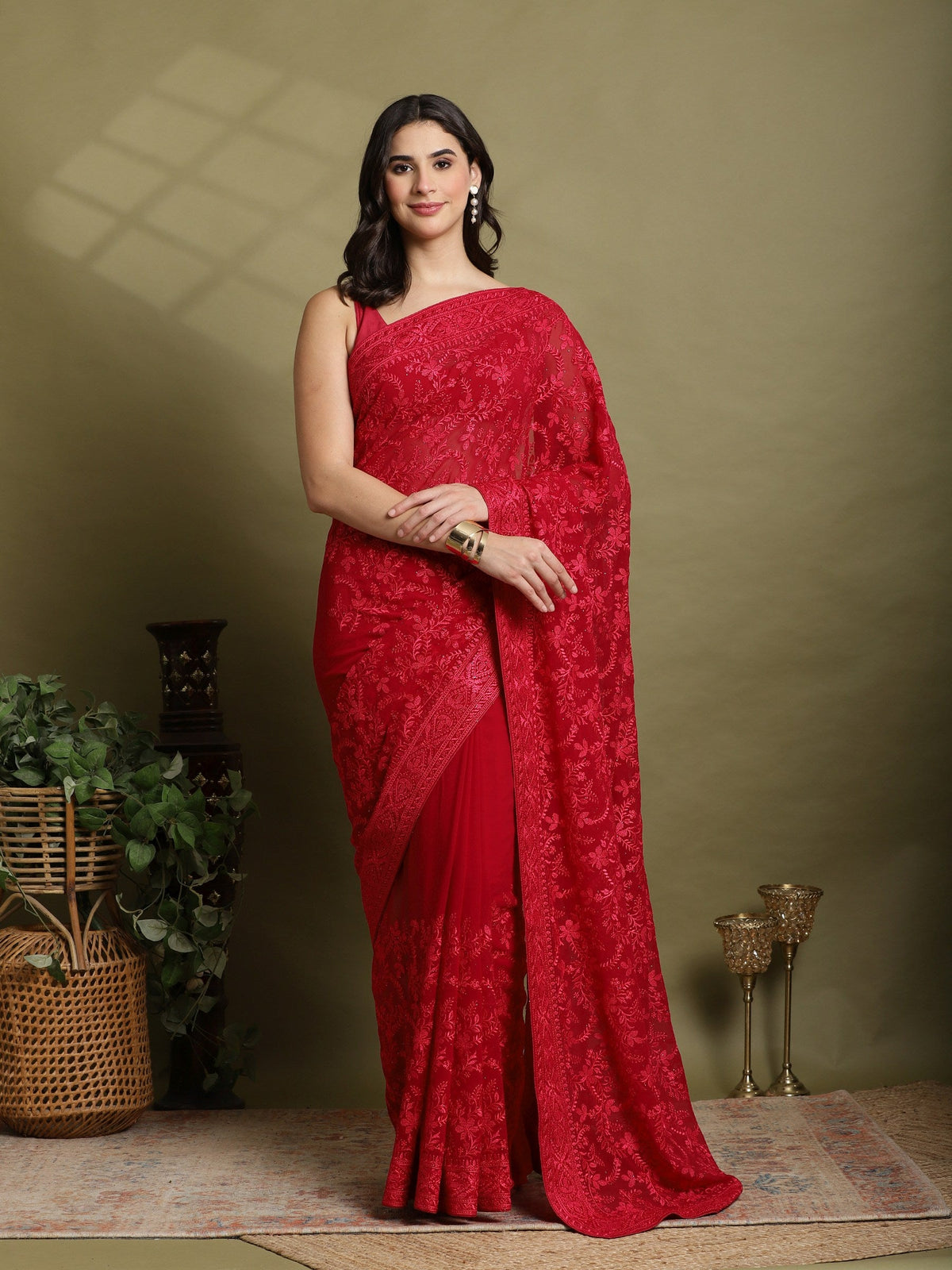 Hot Pink Embroidered Georgette Saree