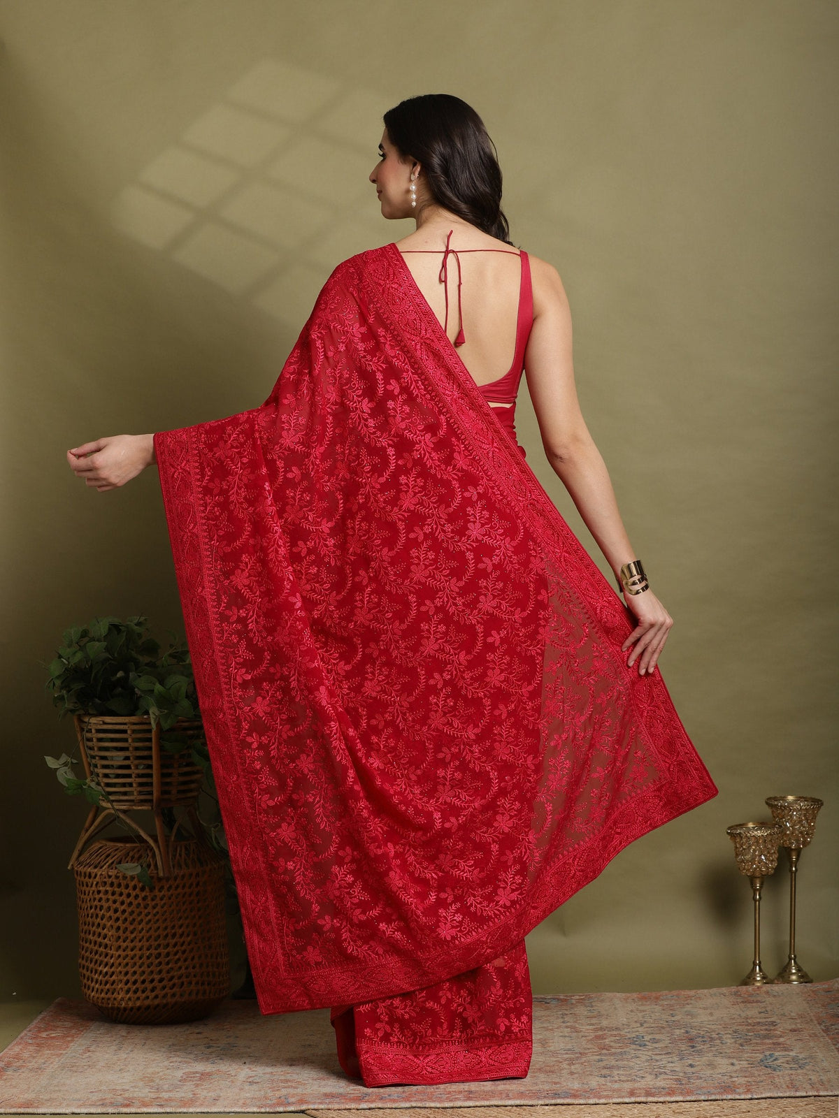 Hot Pink Embroidered Georgette Saree