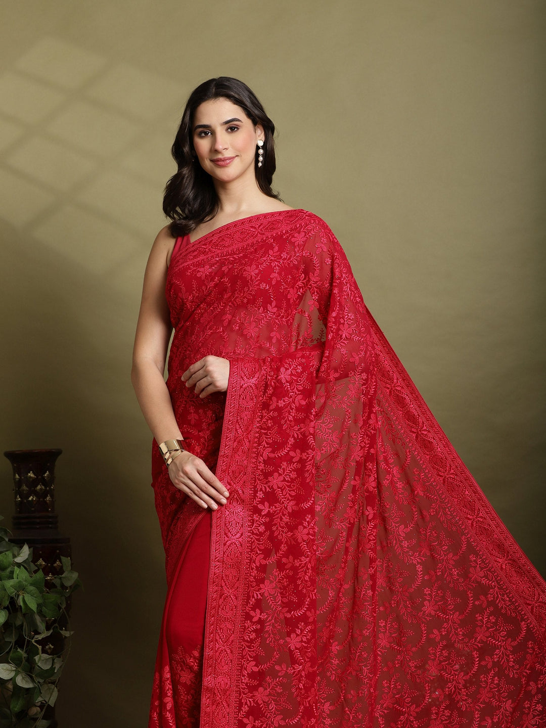 Hot Pink Embroidered Georgette Saree