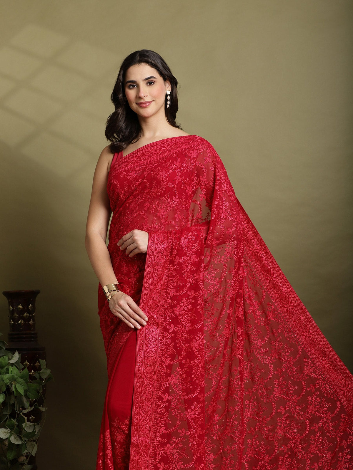 Hot Pink Embroidered Georgette Saree