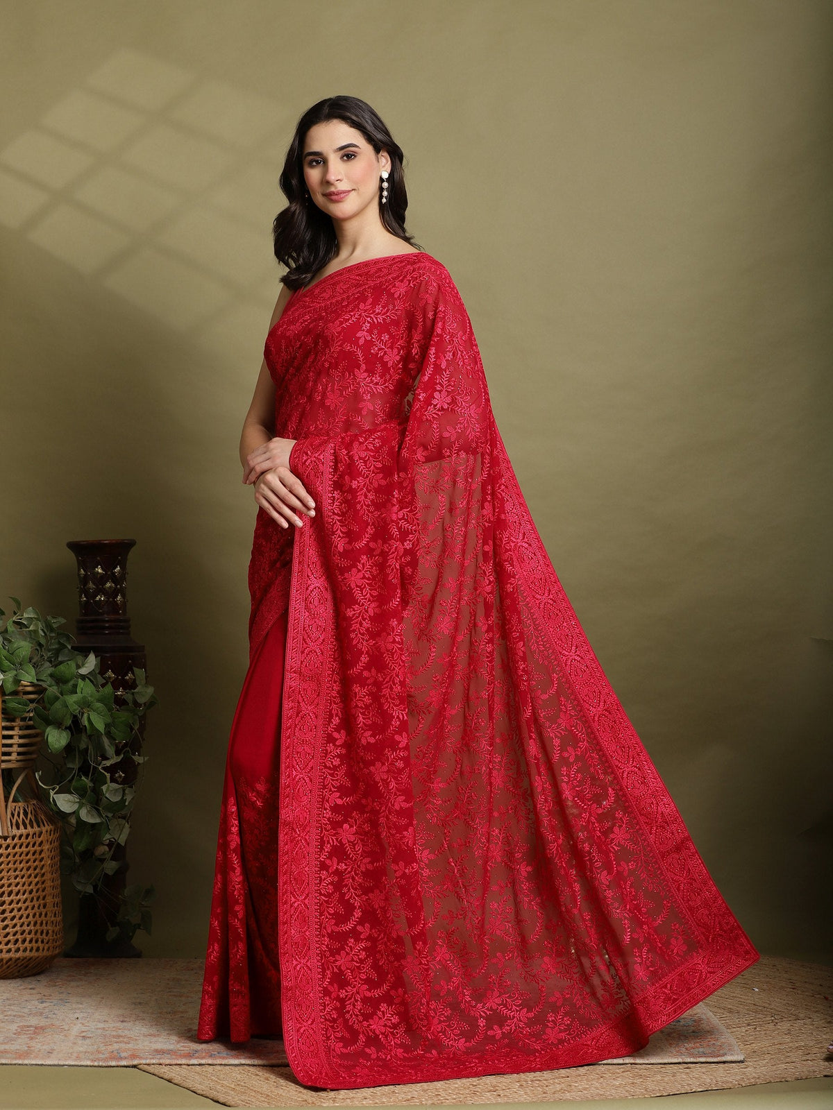 Hot Pink Embroidered Georgette Saree