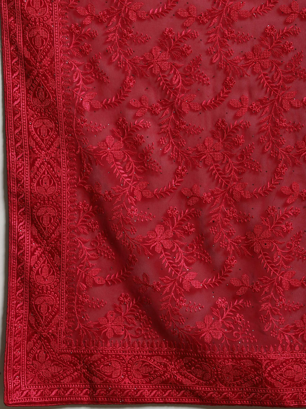 Hot Pink Embroidered Georgette Saree