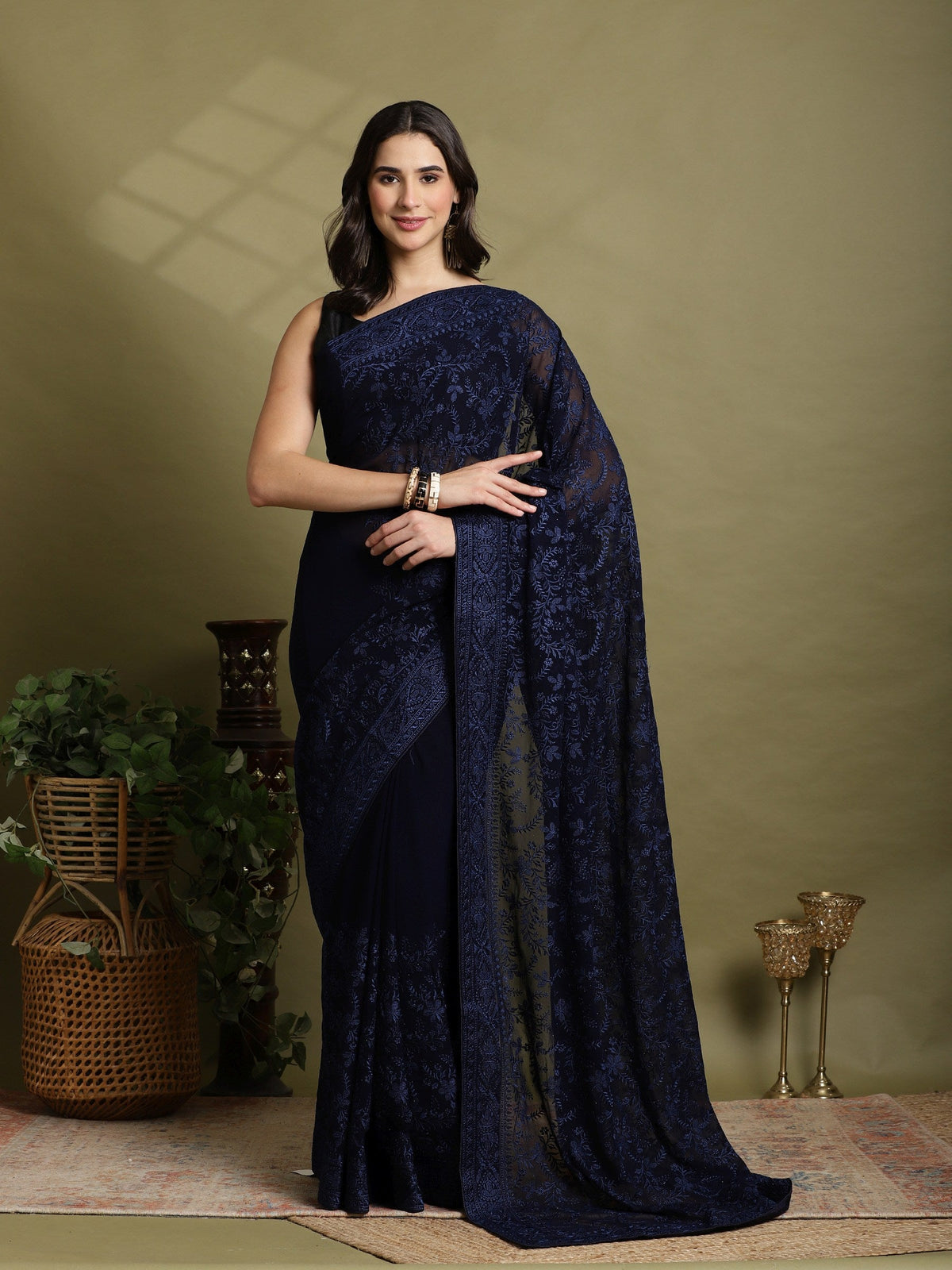 Navy Blue Embroidered Georgette Saree