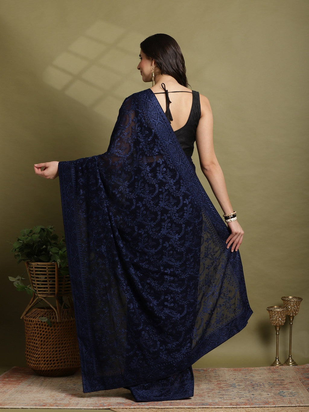 Navy Blue Embroidered Georgette Saree