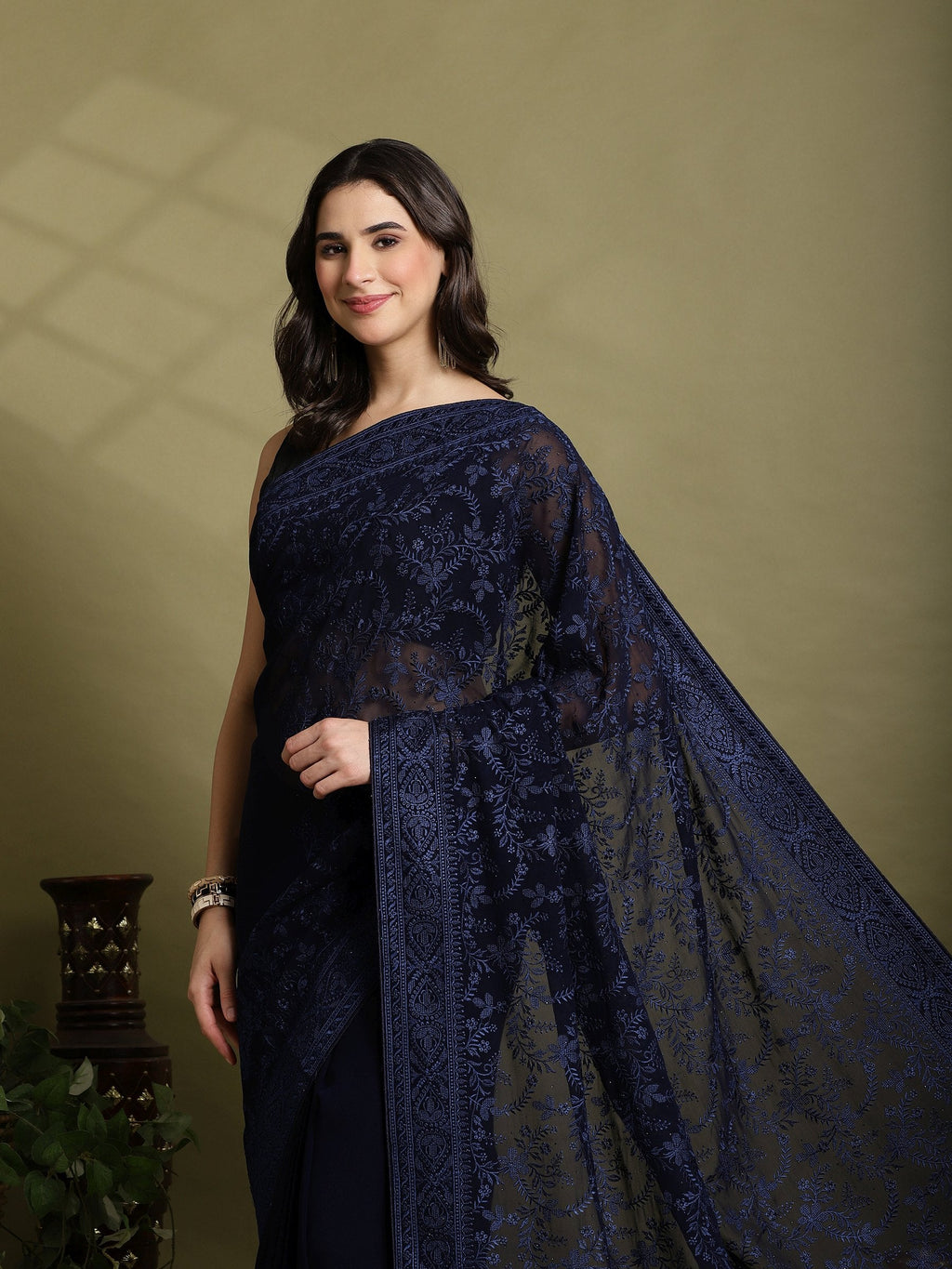 Navy Blue Embroidered Georgette Saree